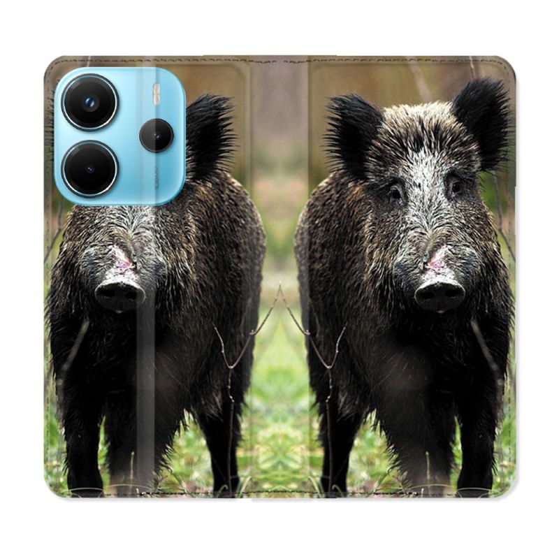 Housse Cuir Portefeuille Pour Xiaomi Redmi Note 14 4G Chasse Sanglier bois