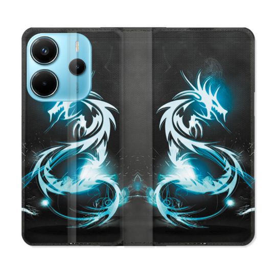 Housse Cuir Portefeuille Pour Xiaomi Redmi Note 14 4G Fantastique Dragon Bleu