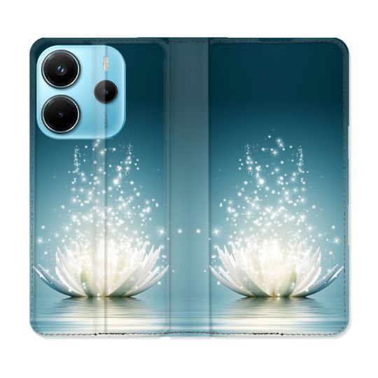 Housse Cuir Portefeuille Pour Xiaomi Redmi Note 14 4G Fleur Lotus Blanc