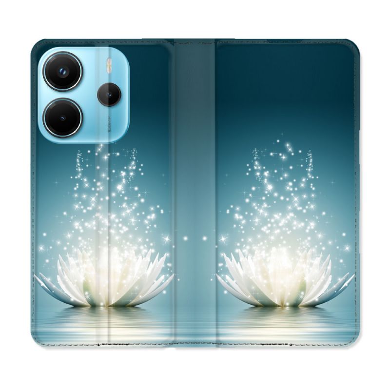 Housse Cuir Portefeuille Pour Xiaomi Redmi Note 14 4G Fleur Lotus Blanc