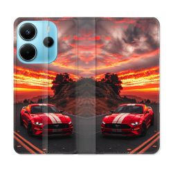 Housse Cuir Portefeuille Pour Xiaomi Redmi Note 14 4G Ford Mustang GT500 Rouge