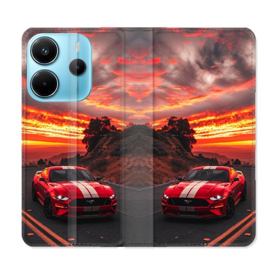 Housse Cuir Portefeuille Pour Xiaomi Redmi Note 14 4G Ford Mustang GT500 Rouge