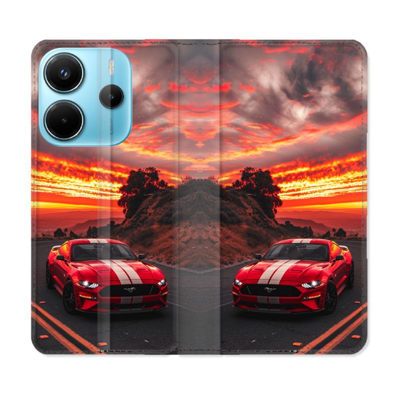 Housse Cuir Portefeuille Pour Xiaomi Redmi Note 14 4G Ford Mustang GT500 Rouge