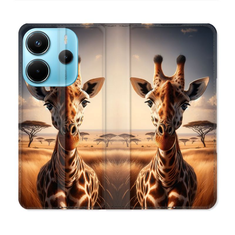 Housse Cuir Portefeuille Pour Xiaomi Redmi Note 14 4G Animal Girafe Savane