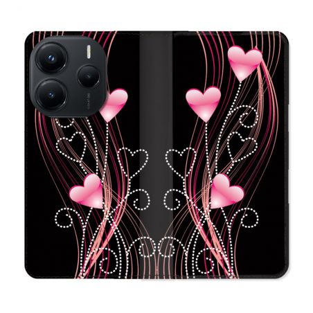 Housse Cuir Portefeuille Pour Xiaomi Redmi Note 14 5G Amour Coeur Rose Montant sur Noir