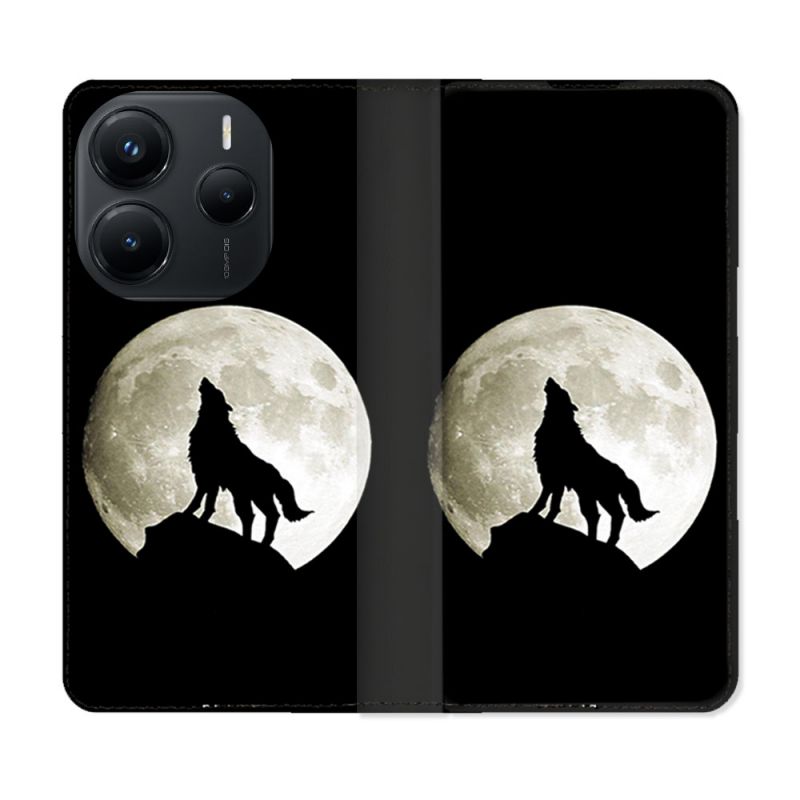 Housse Cuir Portefeuille Pour Xiaomi Redmi Note 14 5G Animal Loup Noir