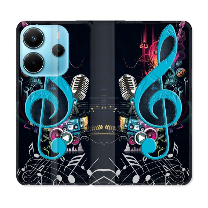 Housse Cuir Portefeuille Pour Xiaomi Redmi Note 14 4G Musique Cle Sol Bleu