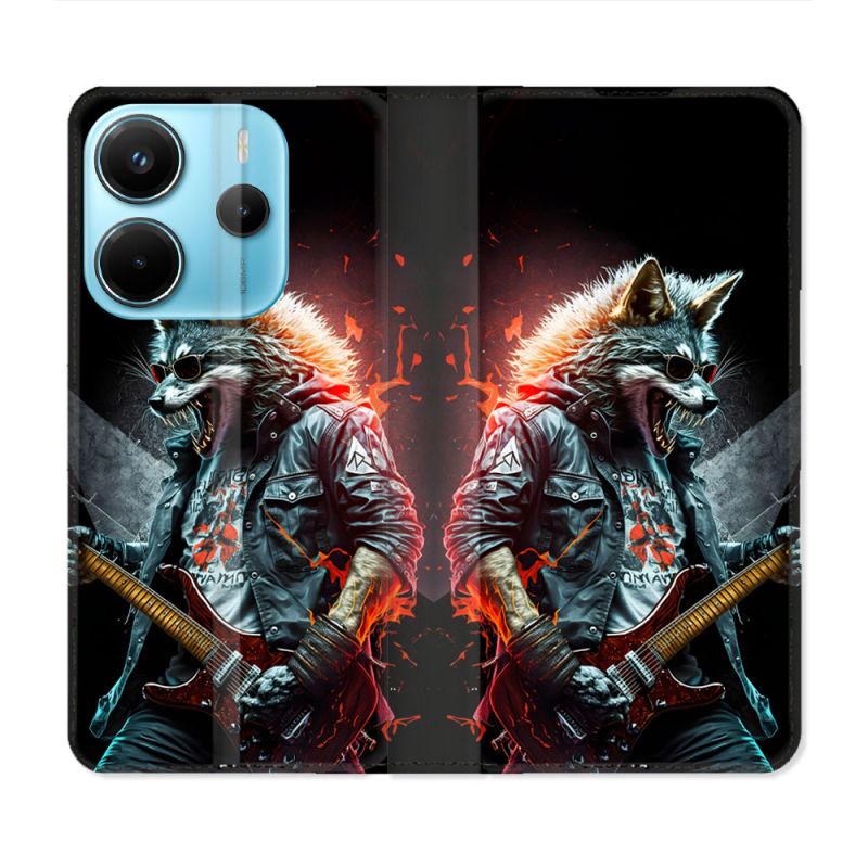 Housse Cuir Portefeuille Pour Xiaomi Redmi Note 14 4G Musique Rock Loup