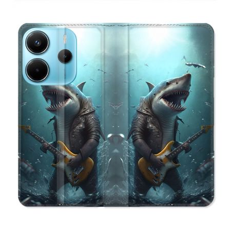 Housse Cuir Portefeuille Pour Xiaomi Redmi Note 14 4G Musique Rock Requin