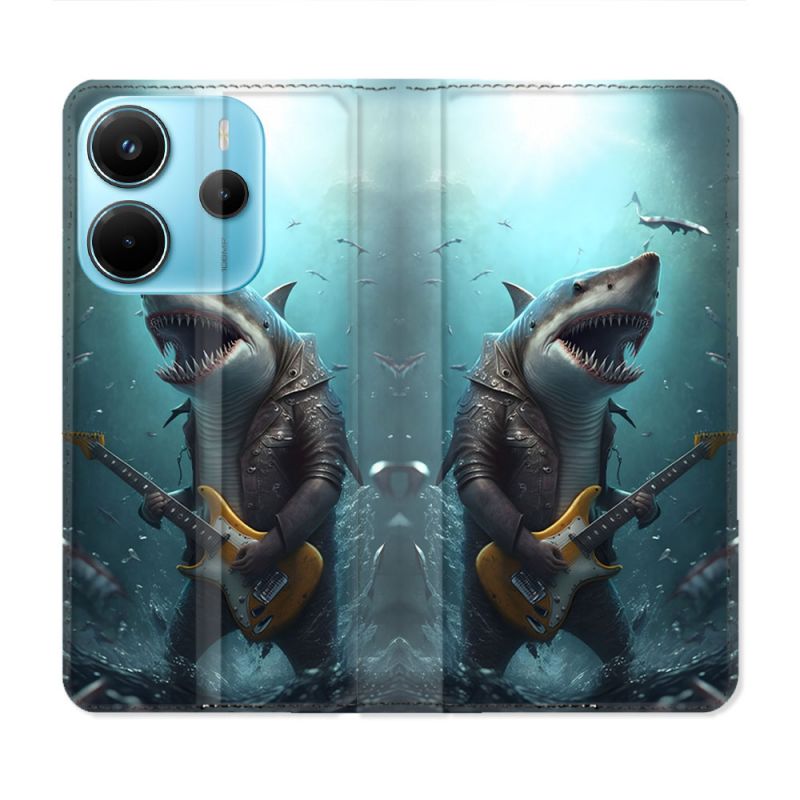 Housse Cuir Portefeuille Pour Xiaomi Redmi Note 14 4G Musique Rock Requin