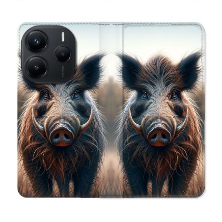 Housse Cuir Portefeuille Pour Xiaomi Redmi Note 14 5G Chasse Sanglier Attaque