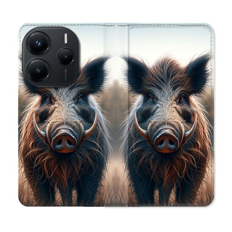 Housse Cuir Portefeuille Pour Xiaomi Redmi Note 14 5G Chasse Sanglier Attaque