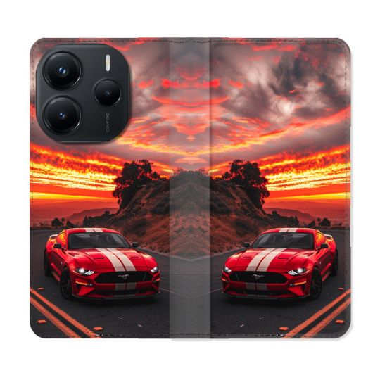 Housse Cuir Portefeuille Pour Xiaomi Redmi Note 14 5G Ford Mustang GT500 Rouge