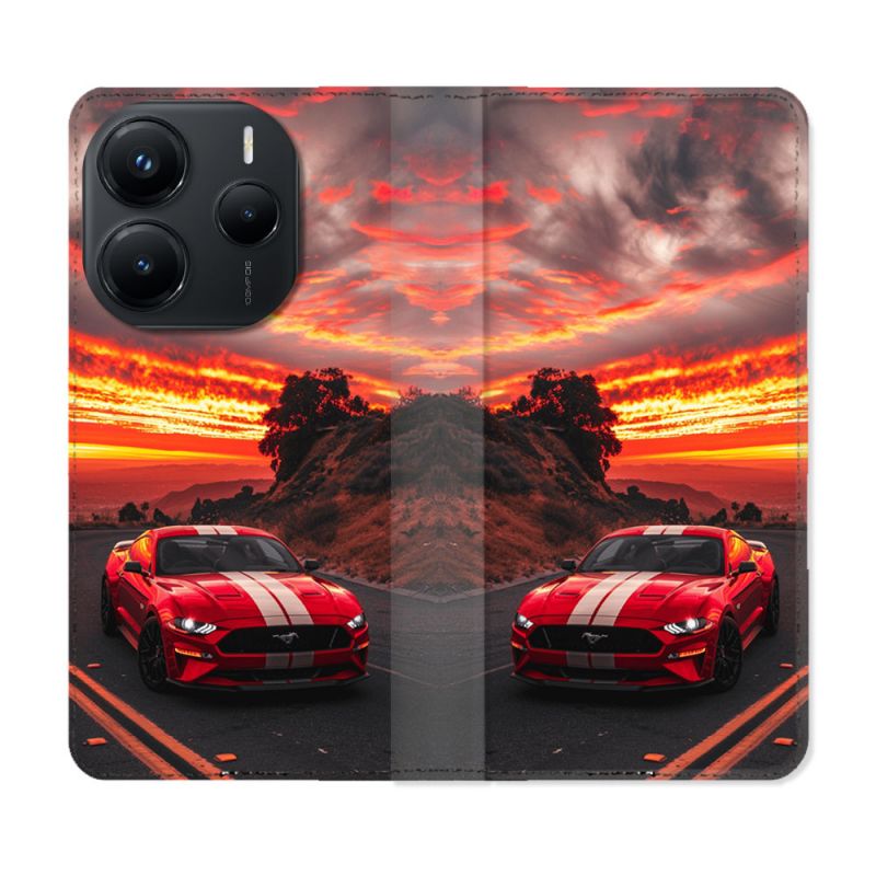 Housse Cuir Portefeuille Pour Xiaomi Redmi Note 14 5G Ford Mustang GT500 Rouge