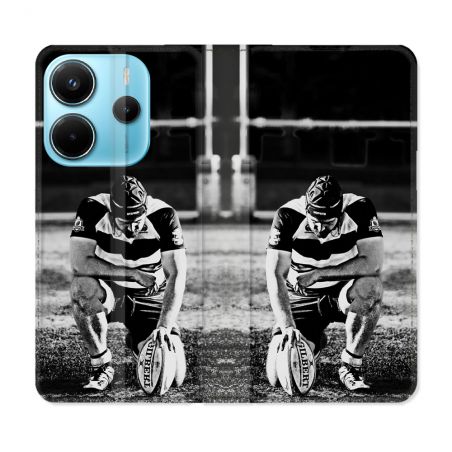 Housse Cuir Portefeuille Pour Xiaomi Redmi Note 14 4G Sport Rugby Noir Blanc