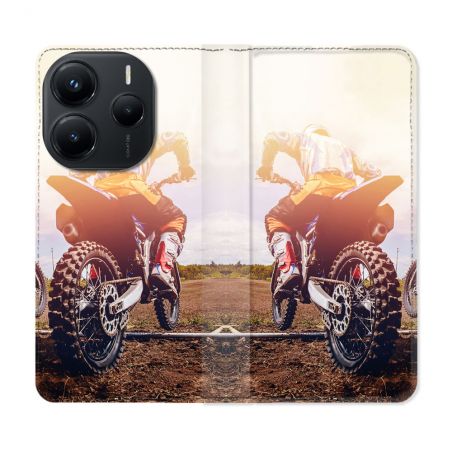 Housse Cuir Portefeuille Pour Xiaomi Redmi Note 14 5G Moto Cross Soleil