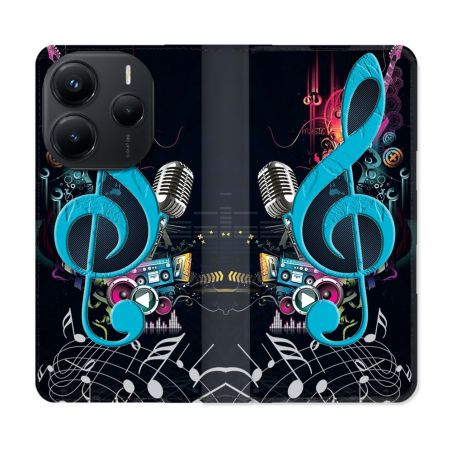 Housse Cuir Portefeuille Pour Xiaomi Redmi Note 14 5G Musique Cle Sol Bleu