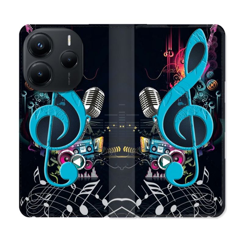 Housse Cuir Portefeuille Pour Xiaomi Redmi Note 14 5G Musique Cle Sol Bleu