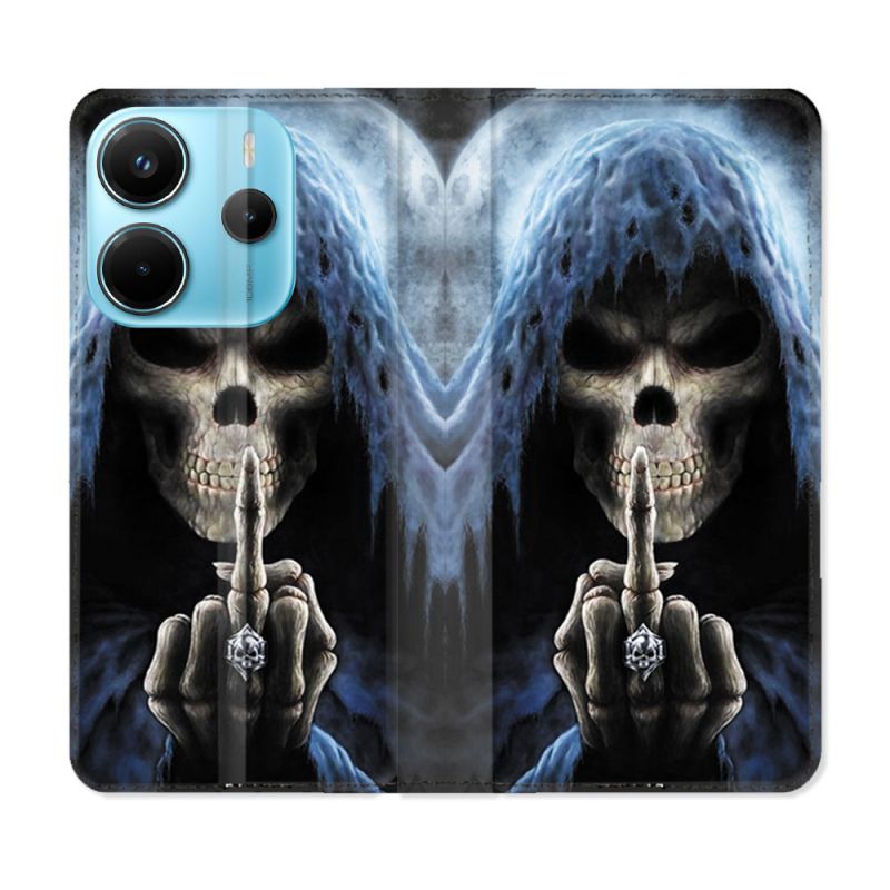 Housse Cuir Portefeuille Pour Xiaomi Redmi Note 14 4G Tete de Mort Doigt