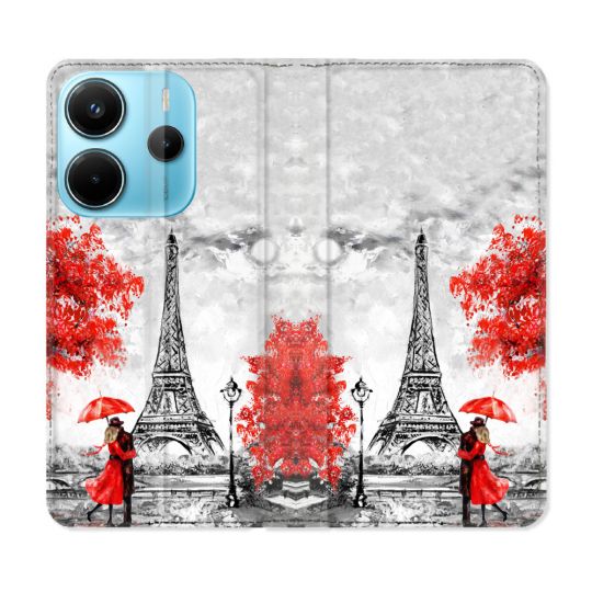 Housse Cuir Portefeuille Pour Xiaomi Redmi Note 14 4G Voyage France Paris Rouge