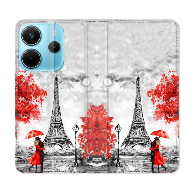 Housse Cuir Portefeuille Pour Xiaomi Redmi Note 14 4G Voyage France Paris Rouge