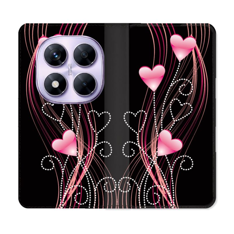Housse Cuir Portefeuille Pour Xiaomi Redmi Note 14 PRO 4G Amour Coeur Rose Montant sur Noir