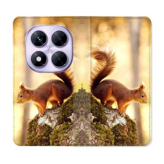 Housse Cuir Portefeuille Pour Xiaomi Redmi Note 14 PRO 4G Animal Ecureuil Bois