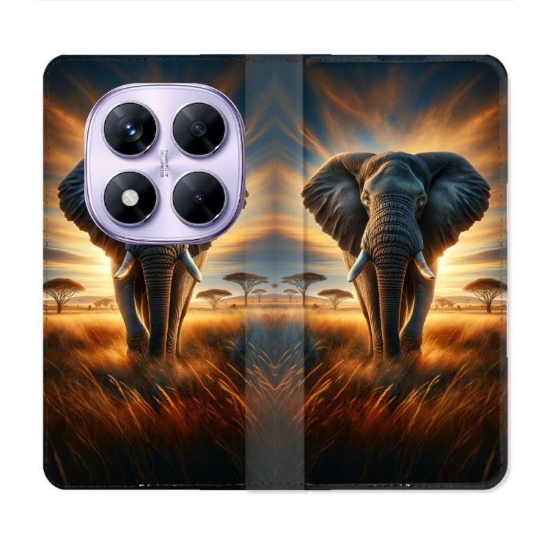 Housse Cuir Portefeuille Pour Xiaomi Redmi Note 14 PRO 4G Animal Elephant Savane
