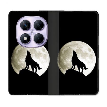 Housse Cuir Portefeuille Pour Xiaomi Redmi Note 14 PRO 4G Animal Loup Noir