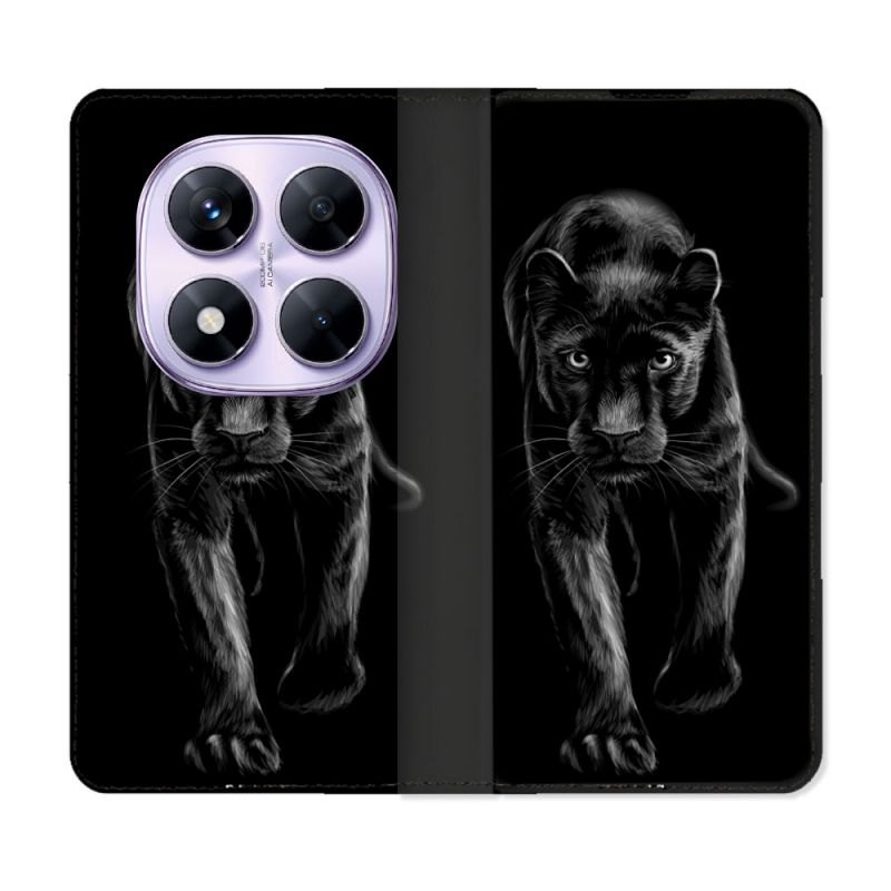 Housse Cuir Portefeuille Pour Xiaomi Redmi Note 14 PRO 4G Animal Panthère Noire