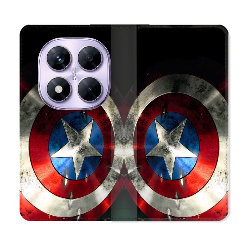 Housse Cuir Portefeuille Pour Xiaomi Redmi Note 14 PRO 4G Captain America Bouclier