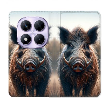 Housse Cuir Portefeuille Pour Xiaomi Redmi Note 14 PRO 4G Chasse Sanglier Attaque