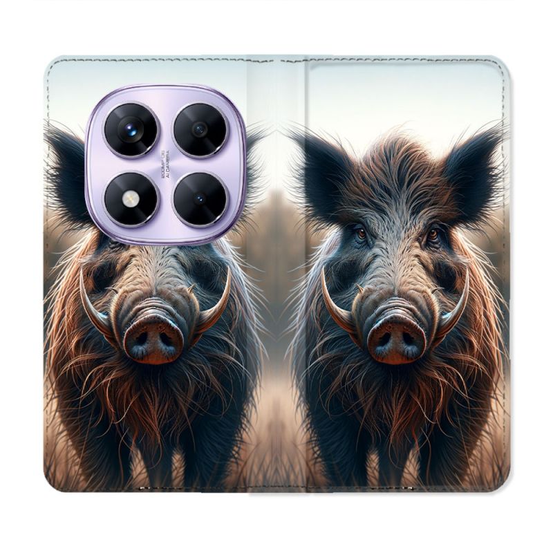 Housse Cuir Portefeuille Pour Xiaomi Redmi Note 14 PRO 4G Chasse Sanglier Attaque