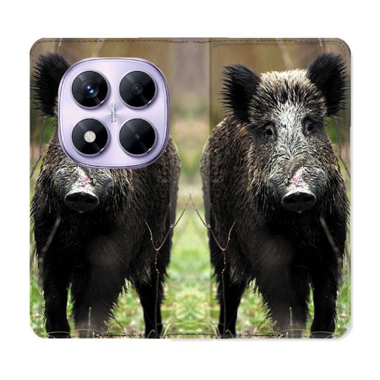 Housse Cuir Portefeuille Pour Xiaomi Redmi Note 14 PRO 4G Chasse Sanglier bois