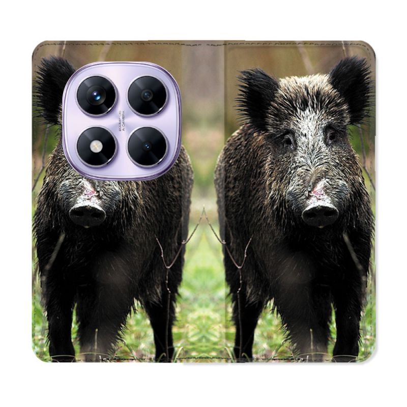 Housse Cuir Portefeuille Pour Xiaomi Redmi Note 14 PRO 4G Chasse Sanglier bois