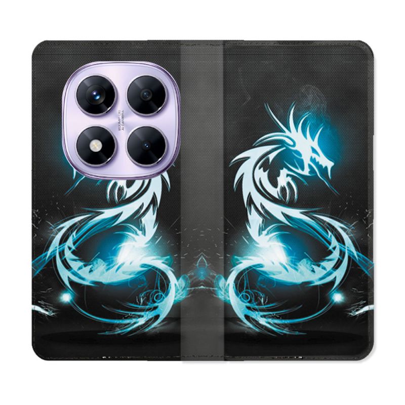 Housse Cuir Portefeuille Pour Xiaomi Redmi Note 14 PRO 4G Fantastique Dragon Bleu