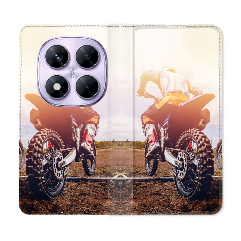 Housse Cuir Portefeuille Pour Xiaomi Redmi Note 14 PRO 4G Moto Cross Soleil