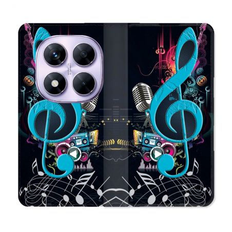 Housse Cuir Portefeuille Pour Xiaomi Redmi Note 14 PRO 4G Musique Cle Sol Bleu