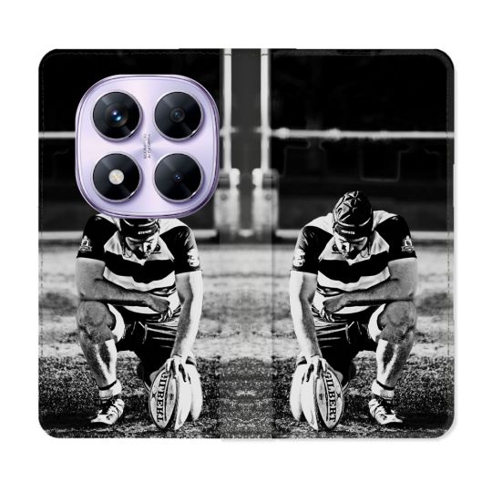 Housse Cuir Portefeuille Pour Xiaomi Redmi Note 14 PRO 4G Sport Rugby Noir Blanc