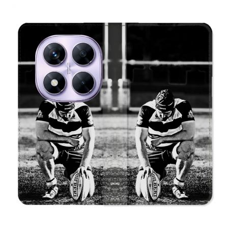 Housse Cuir Portefeuille Pour Xiaomi Redmi Note 14 PRO 4G Sport Rugby Noir Blanc