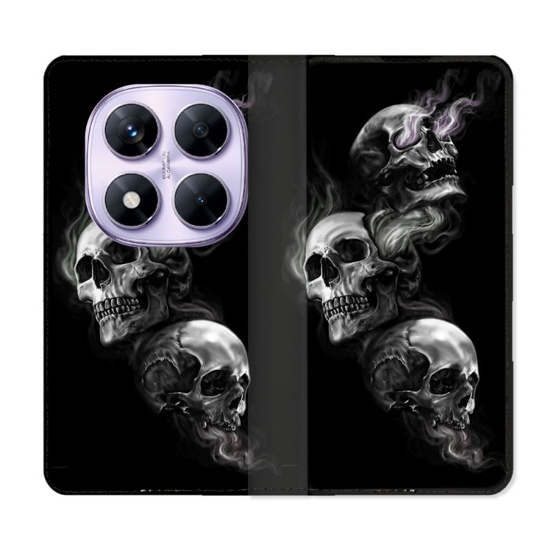 Housse Cuir Portefeuille Pour Xiaomi Redmi Note 14 PRO 4G Tete de Mort Triple