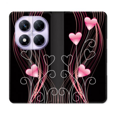Housse Cuir Portefeuille Pour Xiaomi Redmi Note 14 PRO 5G Amour Coeur Rose Montant sur Noir