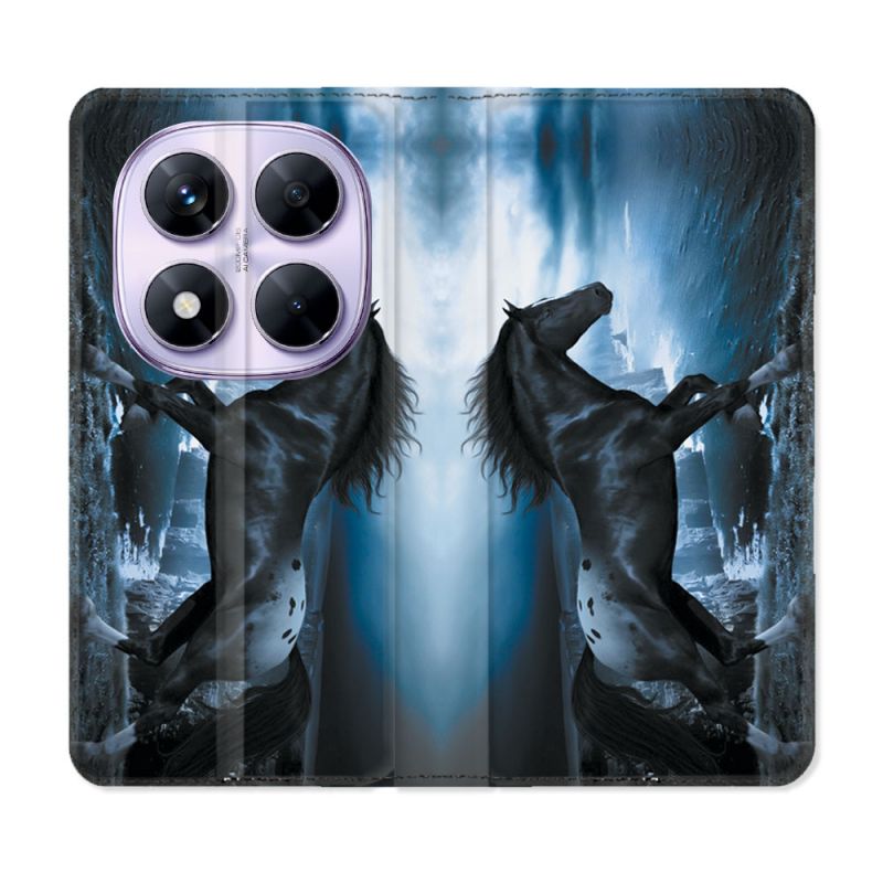 Housse Cuir Portefeuille Pour Xiaomi Redmi Note 14 PRO 5G Animal Cheval Noir