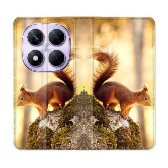 Housse Cuir Portefeuille Pour Xiaomi Redmi Note 14 PRO 5G Animal Ecureuil Bois