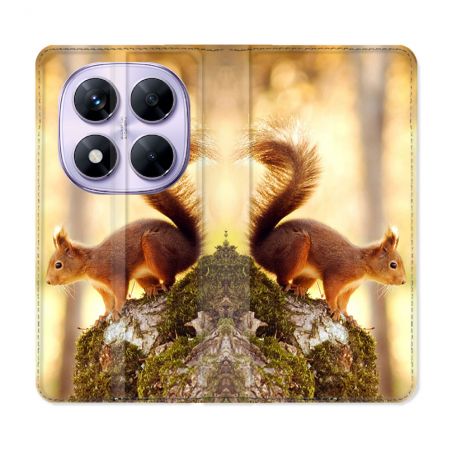 Housse Cuir Portefeuille Pour Xiaomi Redmi Note 14 PRO 5G Animal Ecureuil Bois