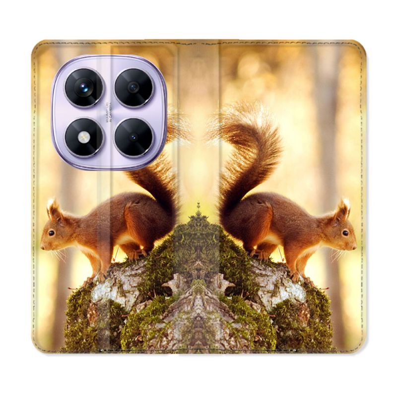 Housse Cuir Portefeuille Pour Xiaomi Redmi Note 14 PRO 5G Animal Ecureuil Bois