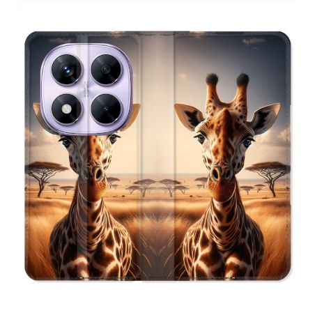 Housse Cuir Portefeuille Pour Xiaomi Redmi Note 14 PRO 5G Animal Girafe Savane