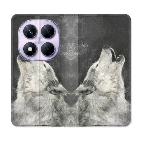 Housse Cuir Portefeuille Pour Xiaomi Redmi Note 14 PRO 5G Animal Loup Hurlement