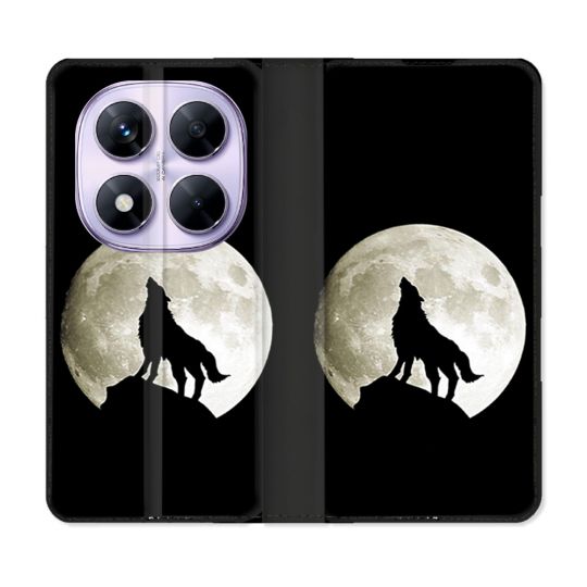 Housse Cuir Portefeuille Pour Xiaomi Redmi Note 14 PRO 5G Animal Loup Noir