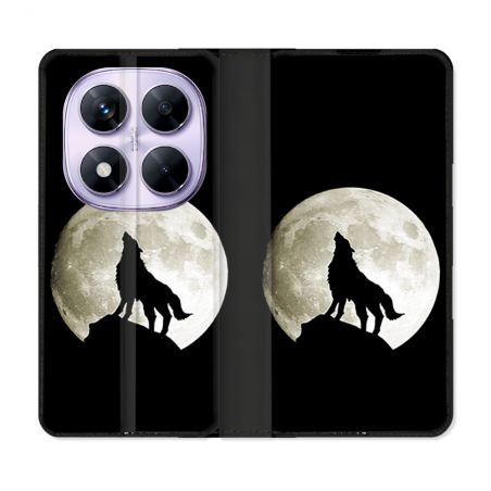 Housse Cuir Portefeuille Pour Xiaomi Redmi Note 14 PRO 5G Animal Loup Noir